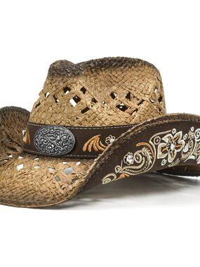 Women's Brunette Straw Western Embroidered Imported Canvas Paper Cowgirl Hat